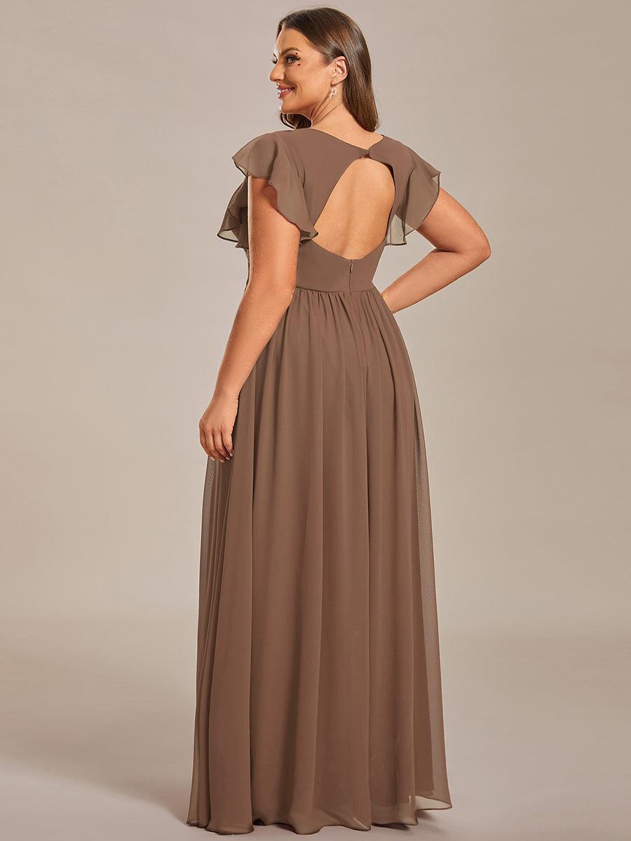 Robe demoiselle d'honneur en mousseline manches plissées avec découpe au dos #Couleur_Brun