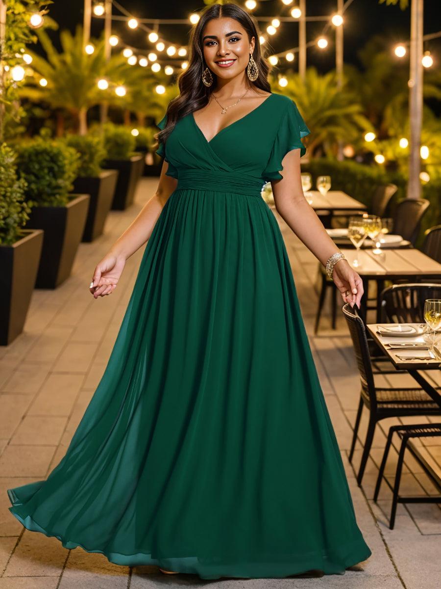 Robe demoiselle d'honneur Curvy mousseline manches plissées avec découpe au dos #Couleur_Vert Fonce