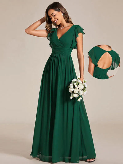 ever LILYANA|Robe demoiselle d'honneur en mousseline manches plissées avec découpe au dos