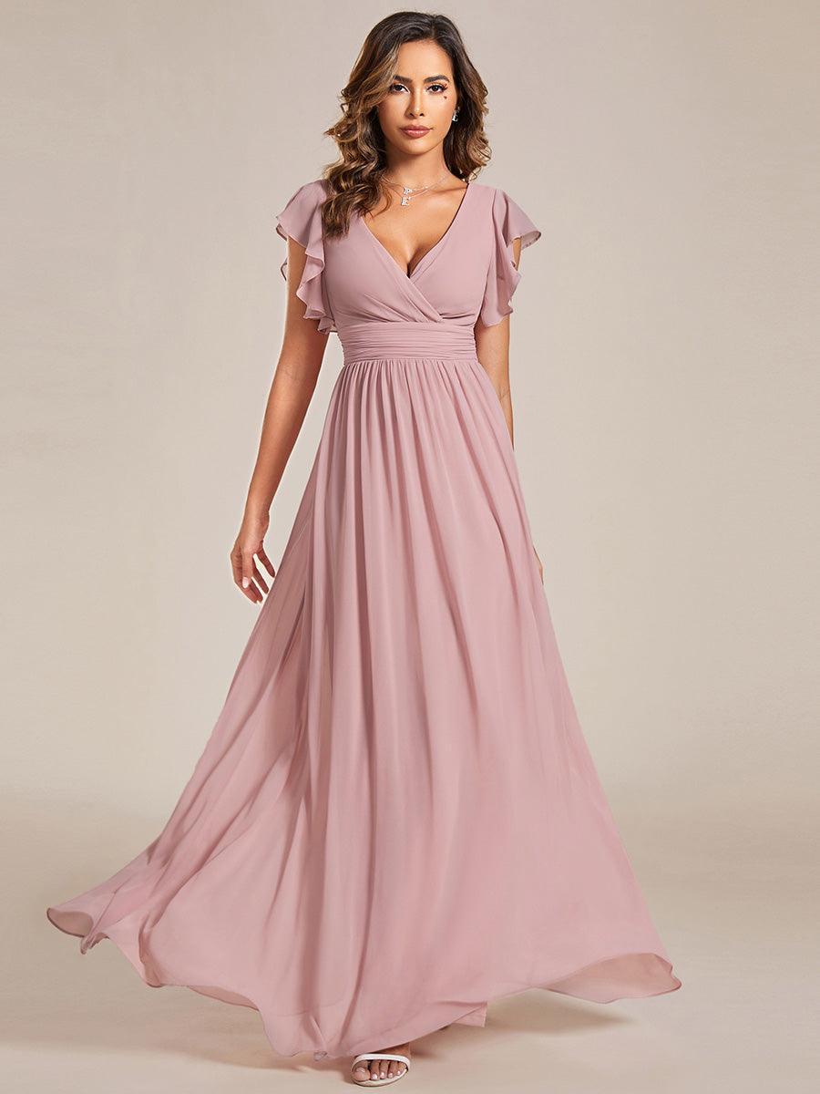 Robe demoiselle d'honneur en mousseline manches plissées avec découpe au dos #Couleur_Rose fumee