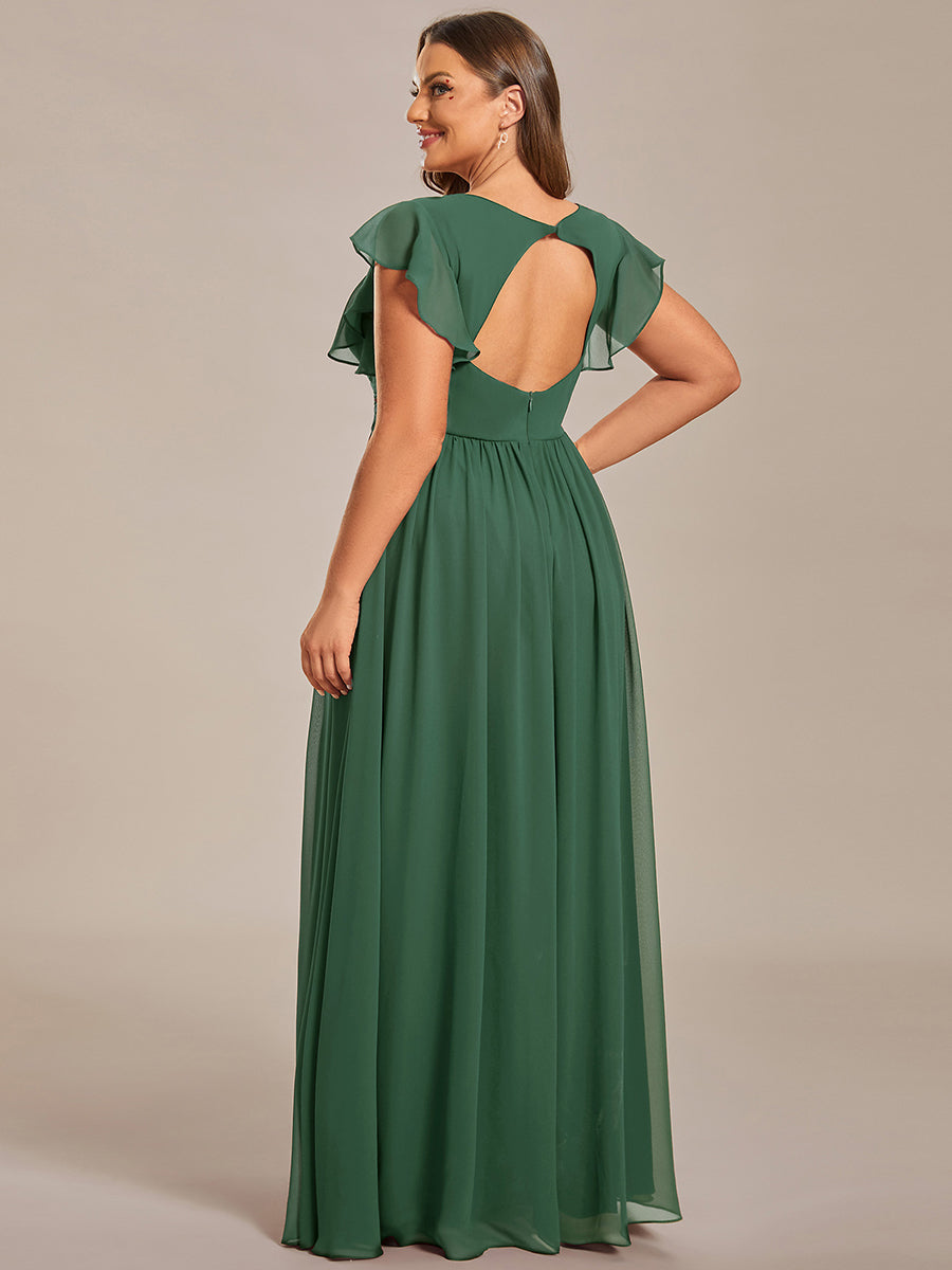 Robe D'invité De Mariage En Mousseline De Soie Mi-Longue Plissée à Manches à Volants Et Col En V #Couleur_Eukalyptus Grün