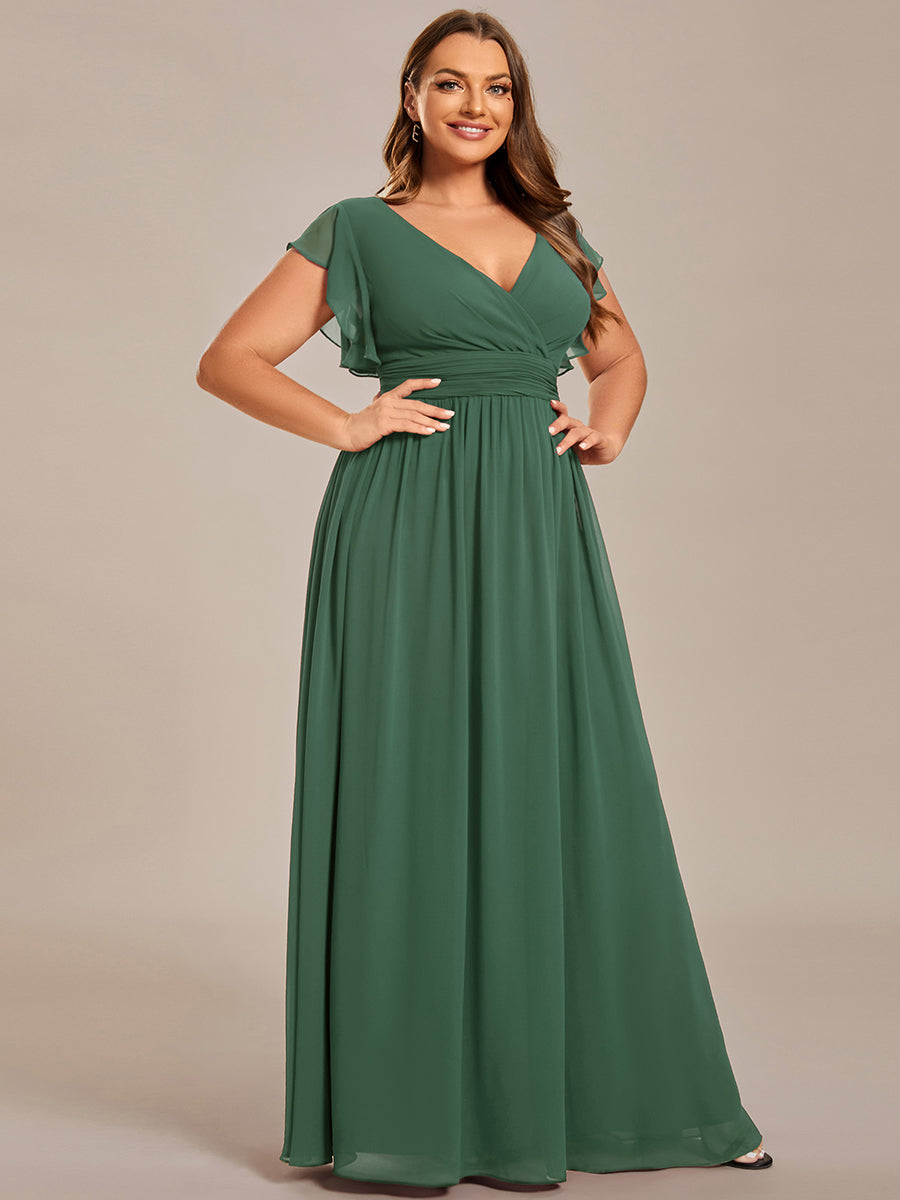 Robe D'invité De Mariage En Mousseline De Soie Mi-Longue Plissée à Manches à Volants Et Col En V #Couleur_Eukalyptus Grün