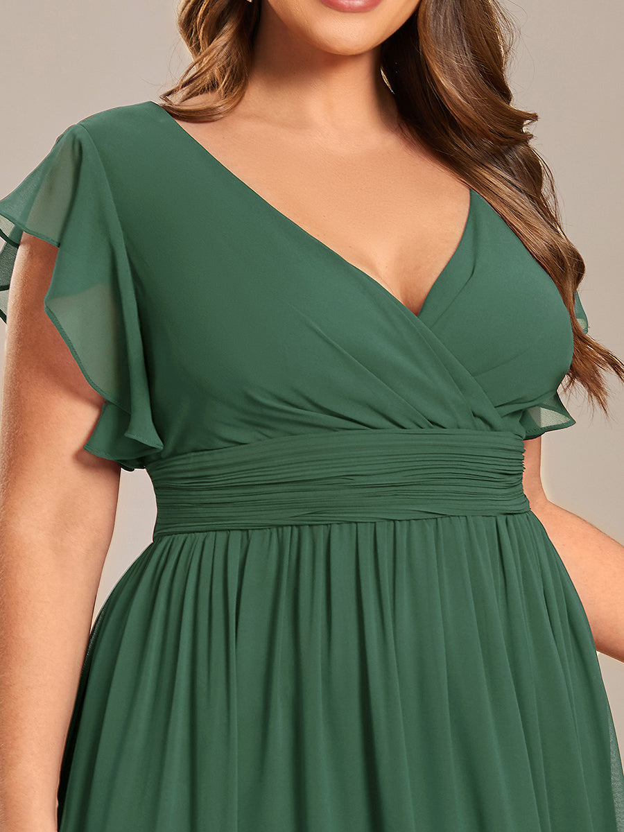 Robe D'invité De Mariage En Mousseline De Soie Mi-Longue Plissée à Manches à Volants Et Col En V #Couleur_Eukalyptus Grün