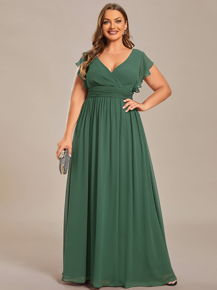 Robe D'invité De Mariage En Mousseline De Soie Mi-Longue Plissée à Manches à Volants Et Col En V #Couleur_Eukalyptus Grün
