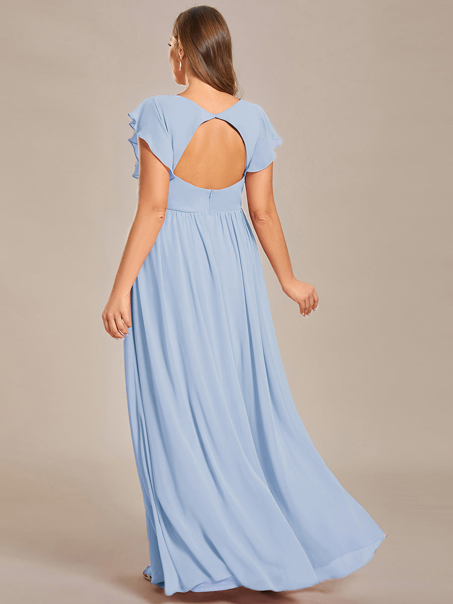 Robe D'invité De Mariage En Mousseline De Soie Mi-Longue Plissée à Manches à Volants Et Col En V #Couleur_Bleu Glace