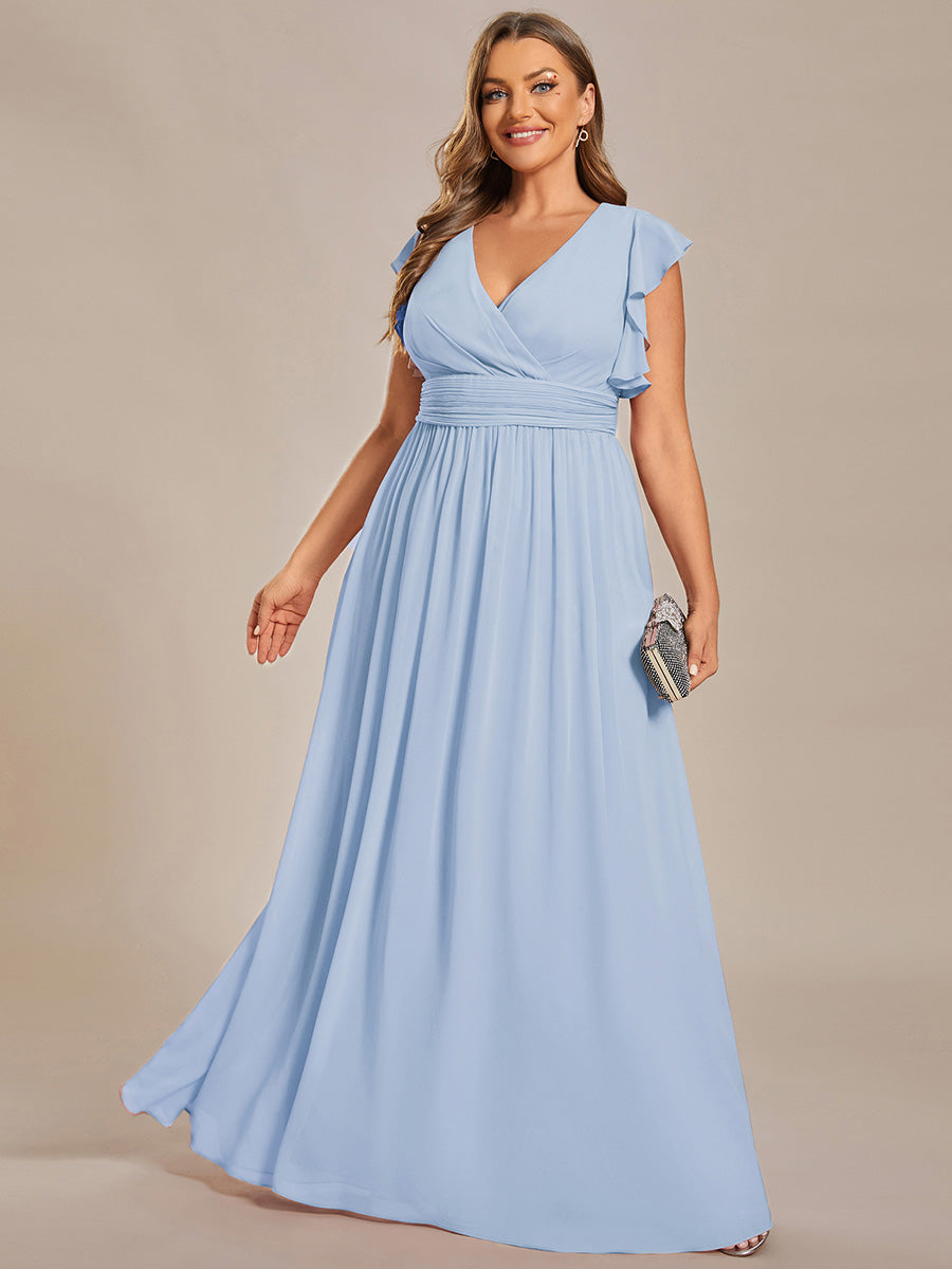 Robe D'invité De Mariage En Mousseline De Soie Mi-Longue Plissée à Manches à Volants Et Col En V #Couleur_Bleu Glace