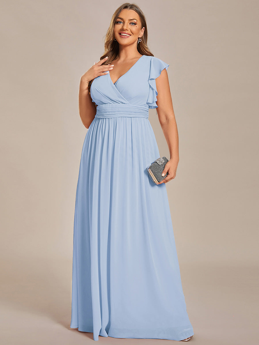 Robe D'invité De Mariage En Mousseline De Soie Mi-Longue Plissée à Manches à Volants Et Col En V #Couleur_Bleu Glace