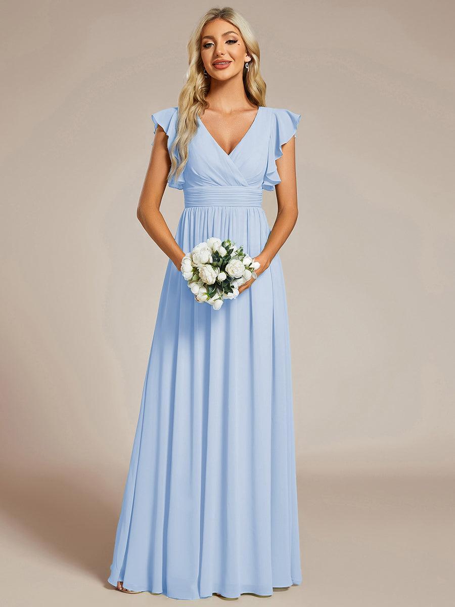 Robe demoiselle d'honneur Curvy mousseline manches plissées avec découpe au dos #Couleur_Bleu Glace