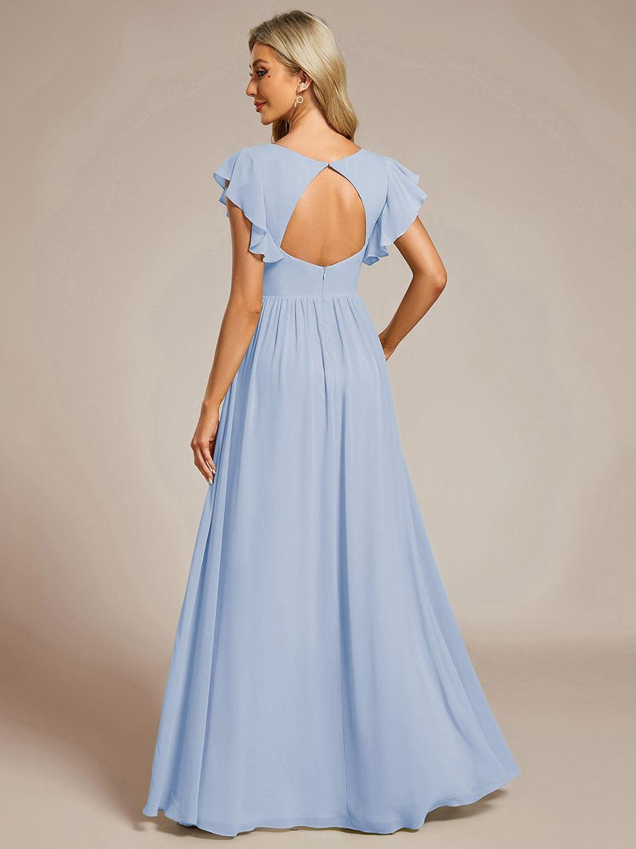 Robe demoiselle d'honneur Curvy mousseline manches plissées avec découpe au dos #Couleur_Bleu Glace