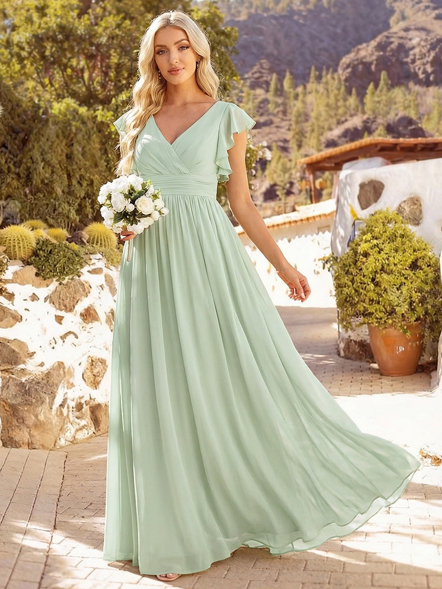 Robe demoiselle d'honneur en mousseline manches plissées avec découpe au dos #Couleur_Menthe Verte