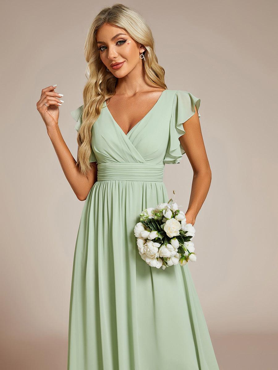 Robe demoiselle d'honneur en mousseline manches plissées avec découpe au dos #Couleur_Menthe Verte