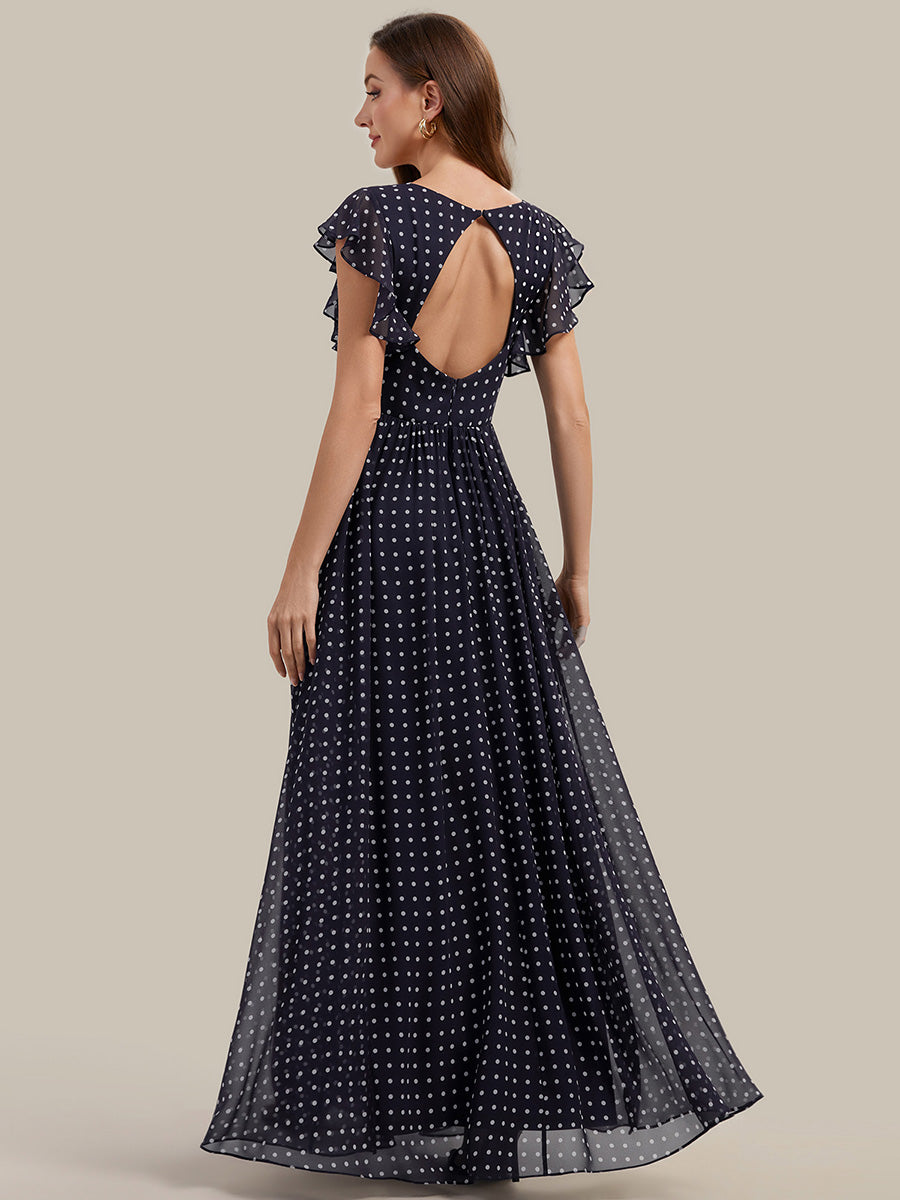 Robe de demoiselle d'honneur en mousseline de soie avec manches à volants et découpes au dos #Couleur_Pois Noirs
