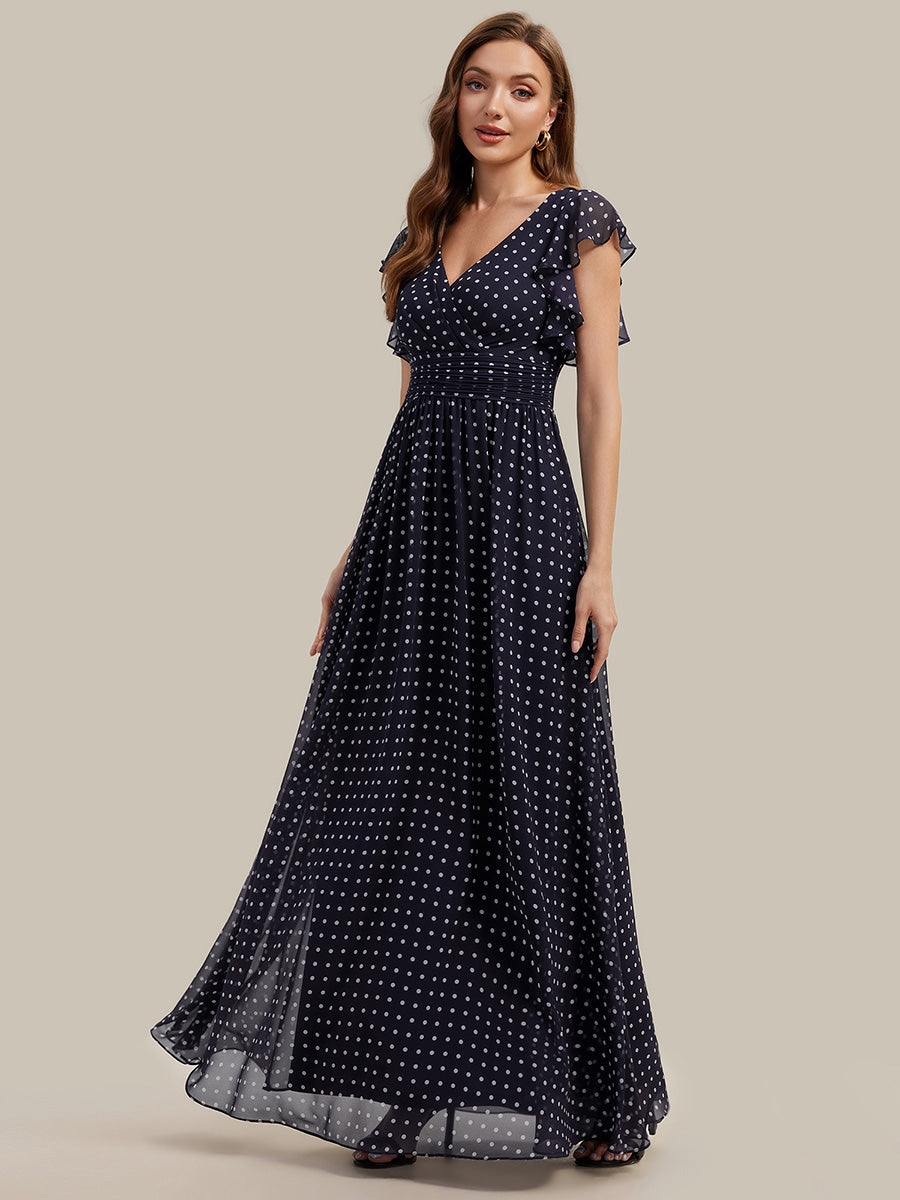 Robe de demoiselle d'honneur en mousseline de soie avec manches à volants et découpes au dos #Couleur_Pois Noirs
