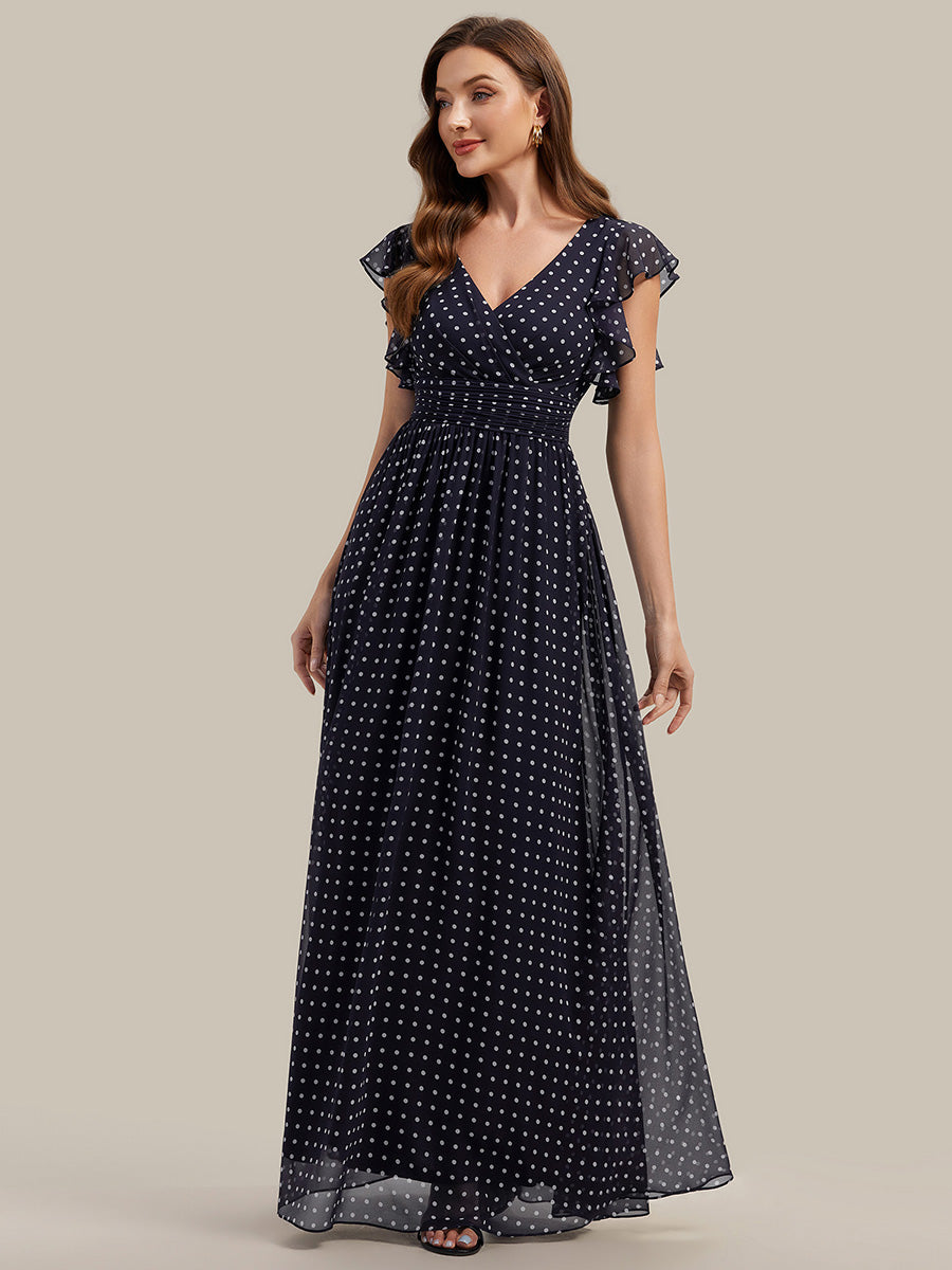 Robe de demoiselle d'honneur en mousseline de soie avec manches à volants et découpes au dos #Couleur_Pois Noirs