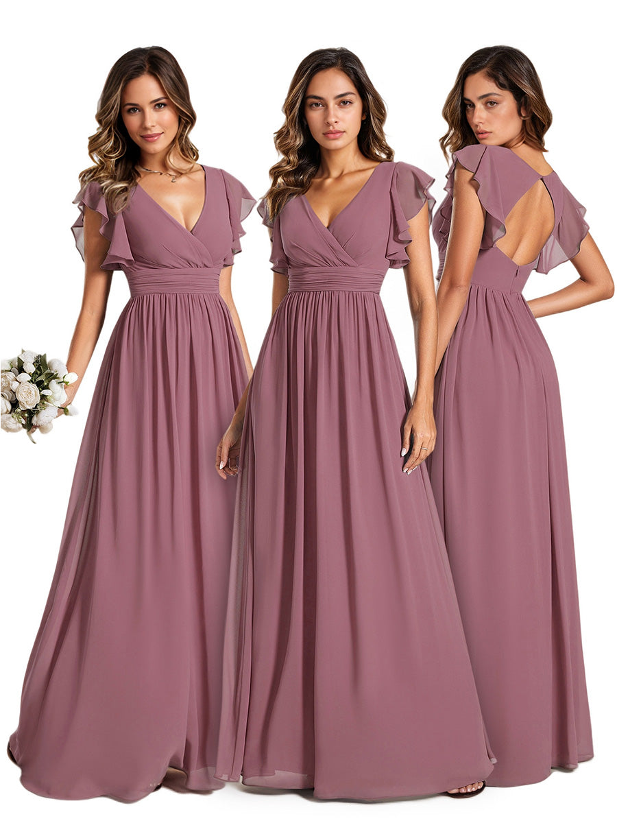 Robe demoiselle d'honneur Curvy mousseline manches plissées avec découpe au dos #Couleur_Orchidee
