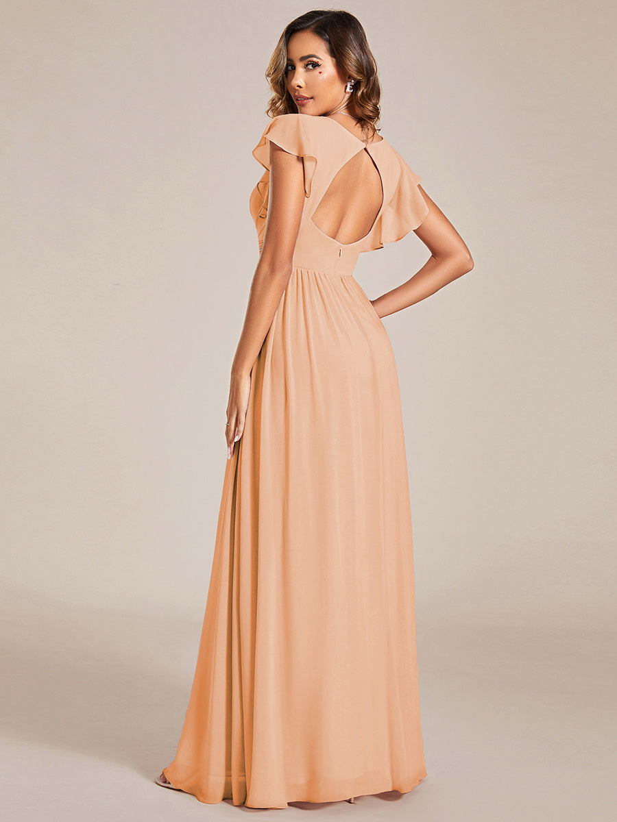 Robe demoiselle d'honneur Curvy mousseline manches plissées avec découpe au dos #Couleur_Pêche