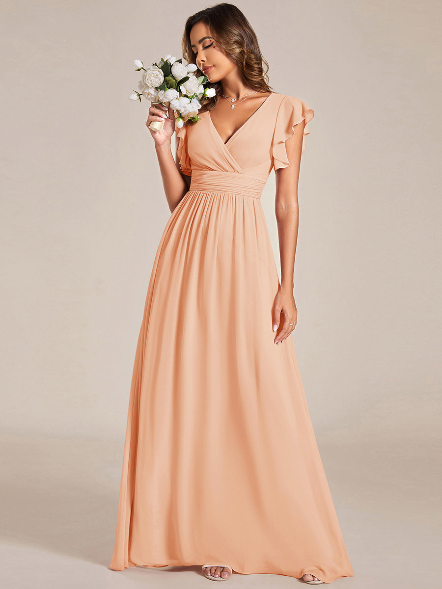 Robe demoiselle d'honneur Curvy mousseline manches plissées avec découpe au dos #Couleur_Pêche
