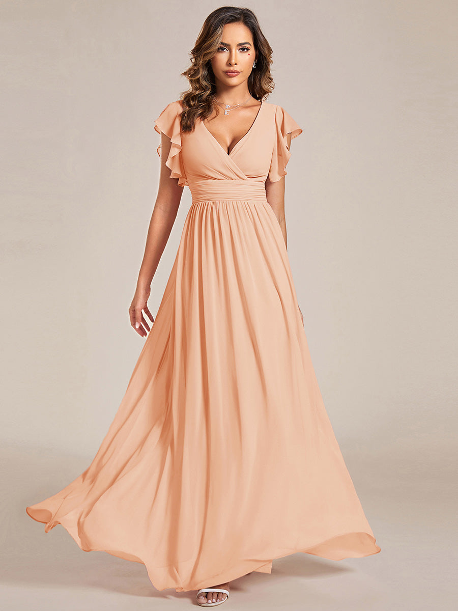 Robe demoiselle d'honneur Curvy mousseline manches plissées avec découpe au dos #Couleur_Pêche