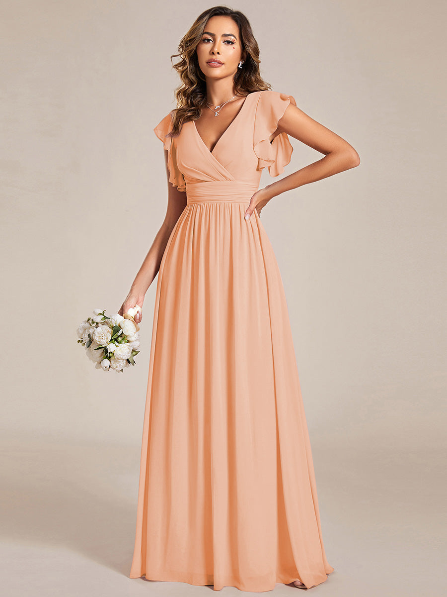 Robe demoiselle d'honneur Curvy mousseline manches plissées avec découpe au dos #Couleur_Pêche
