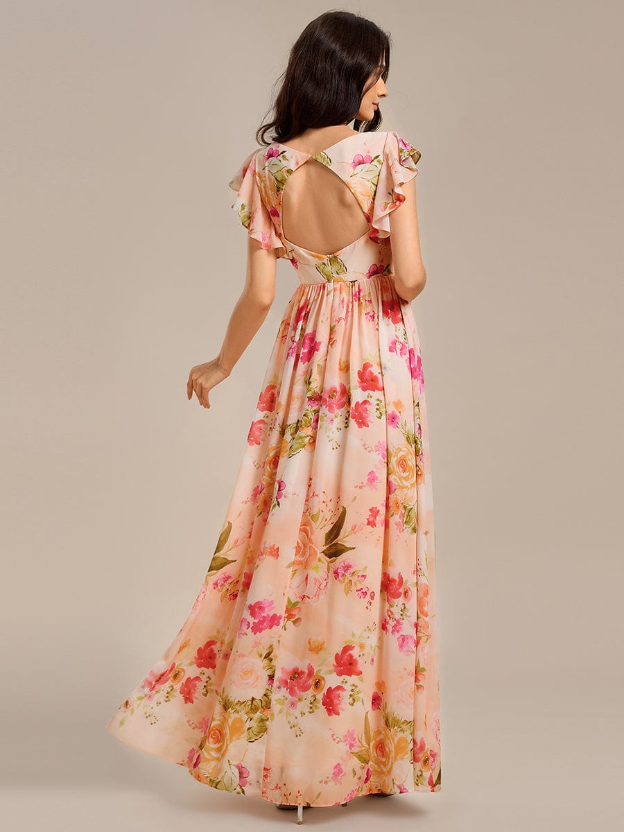 Robe d'invité de mariage trapèze en mousseline fluide à encolure ronde et longueur au genou #Couleur_Pêche Floutée