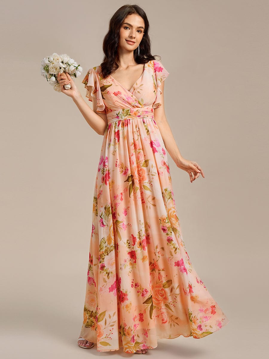 Robe d'invité de mariage trapèze en mousseline fluide à encolure ronde et longueur au genou #Couleur_Pêche Floutée