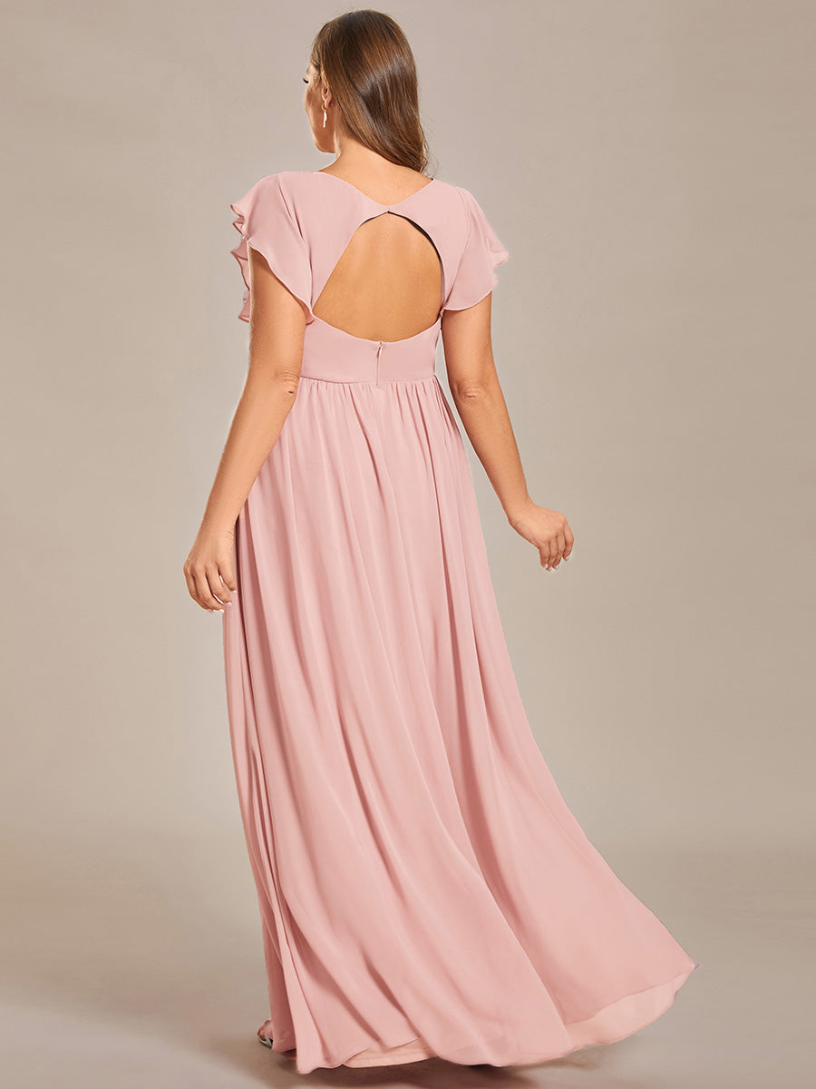 Robe D'invité De Mariage En Mousseline De Soie Mi-Longue Plissée à Manches à Volants Et Col En V #Couleur_Rose
