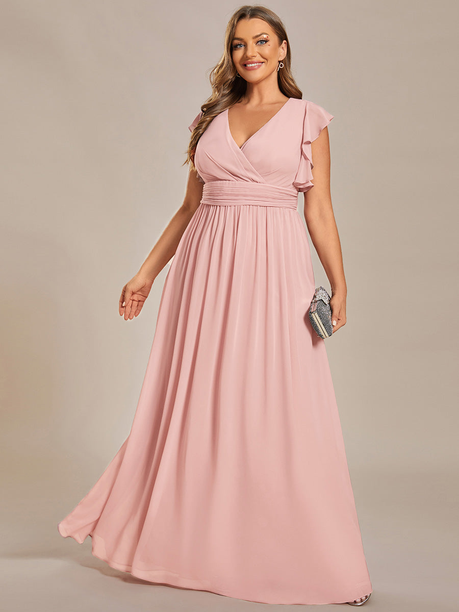 Robe D'invité De Mariage En Mousseline De Soie Mi-Longue Plissée à Manches à Volants Et Col En V #Couleur_Rose