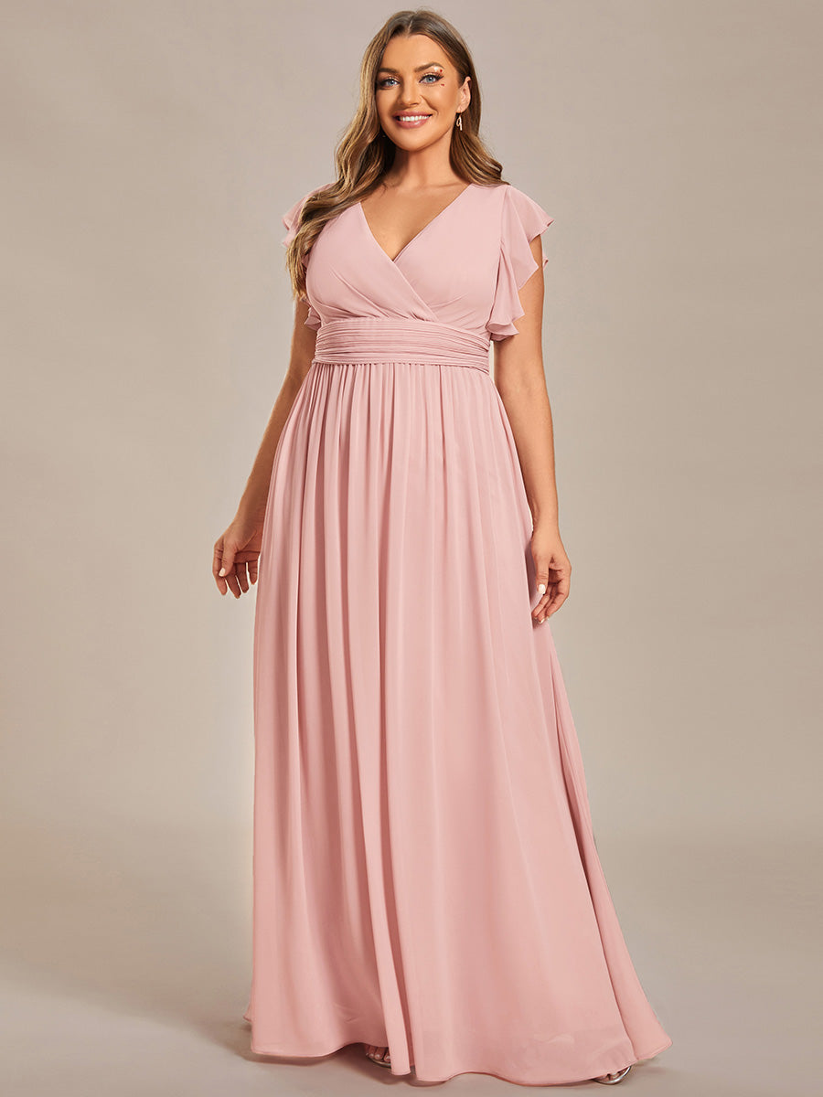 Robe D'invité De Mariage En Mousseline De Soie Mi-Longue Plissée à Manches à Volants Et Col En V #Couleur_Rose