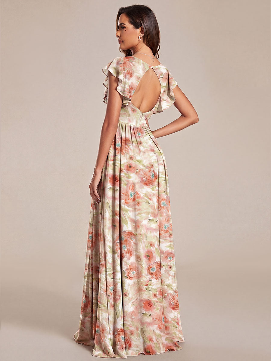 Robe de demoiselle d'honneur en mousseline de soie avec manches à volants et découpes au dos #Couleur_Brumaie de Palissandre