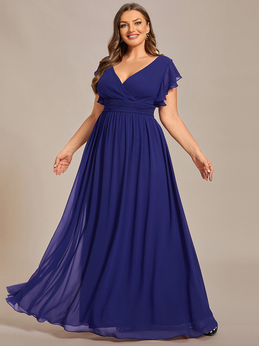Robe demoiselle d'honneur Curvy mousseline manches plissées avec découpe au dos #Couleur_Bleu Saphir