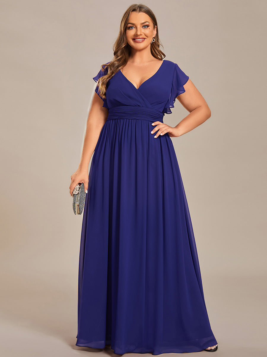 Robe demoiselle d'honneur Curvy mousseline manches plissées avec découpe au dos #Couleur_Bleu Saphir