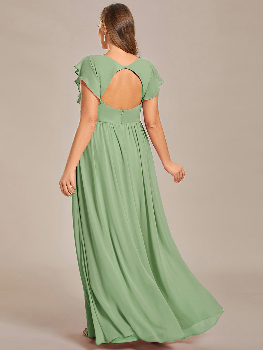 Robe D'invité De Mariage En Mousseline De Soie Mi-Longue Plissée à Manches à Volants Et Col En V #Couleur_Vert sauge