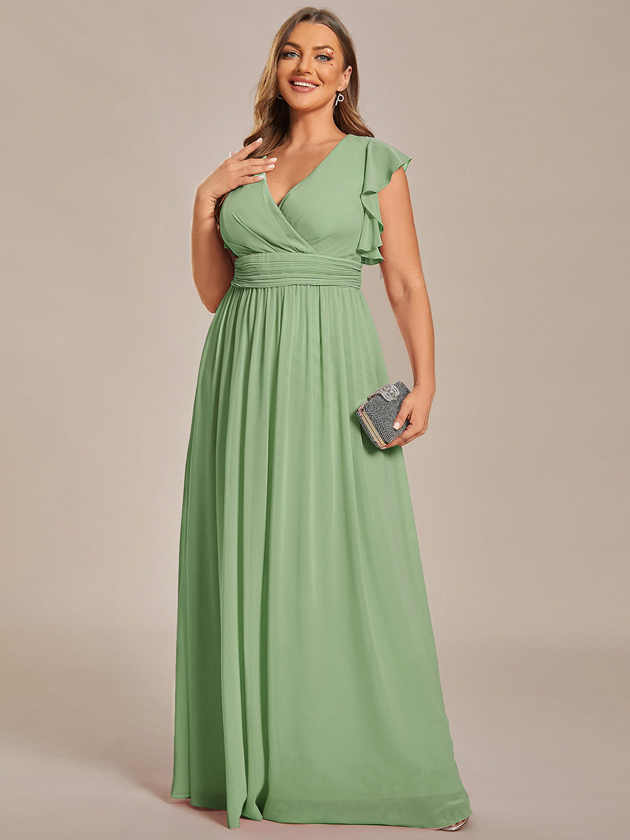 Robe D'invité De Mariage En Mousseline De Soie Mi-Longue Plissée à Manches à Volants Et Col En V #Couleur_Vert sauge