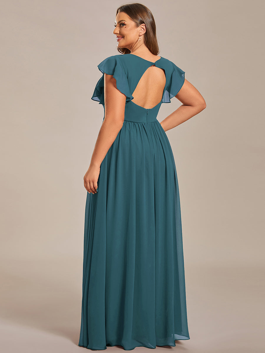 Robe de demoiselle d'honneur en mousseline de soie avec manches à volants et découpes au dos #Couleur_Bleu Sarcelle
