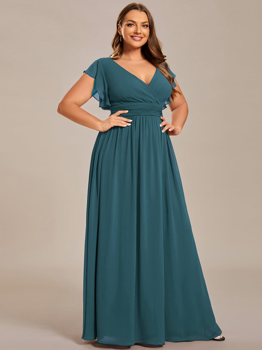Robe de demoiselle d'honneur en mousseline de soie avec manches à volants et découpes au dos #Couleur_Bleu Sarcelle