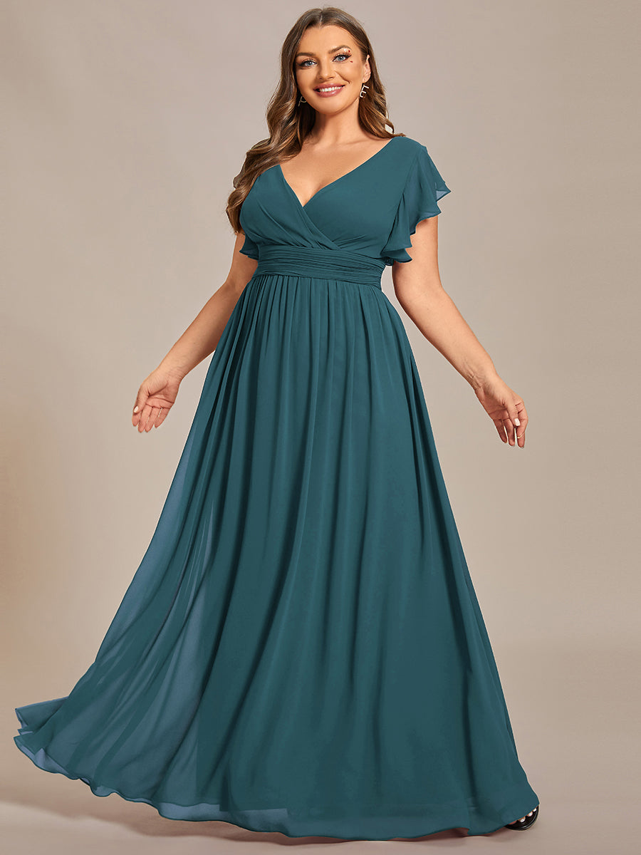 Robe de demoiselle d'honneur en mousseline de soie avec manches à volants et découpes au dos #Couleur_Bleu Sarcelle