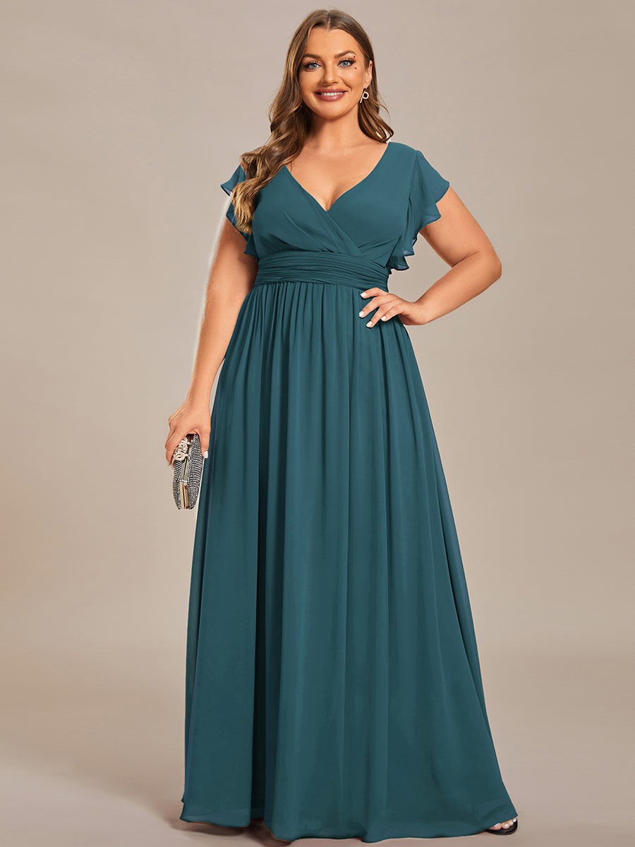 Robe demoiselle d'honneur en mousseline manches plissées avec découpe au dos #Couleur_Bleu Sarcelle