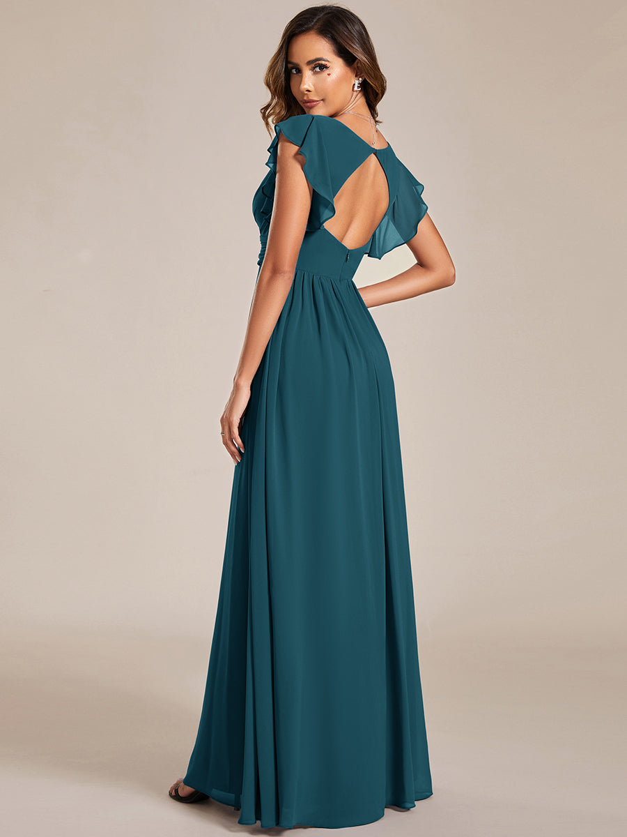 Robe de demoiselle d'honneur en mousseline de soie avec manches à volants et découpes au dos #Couleur_Bleu Sarcelle
