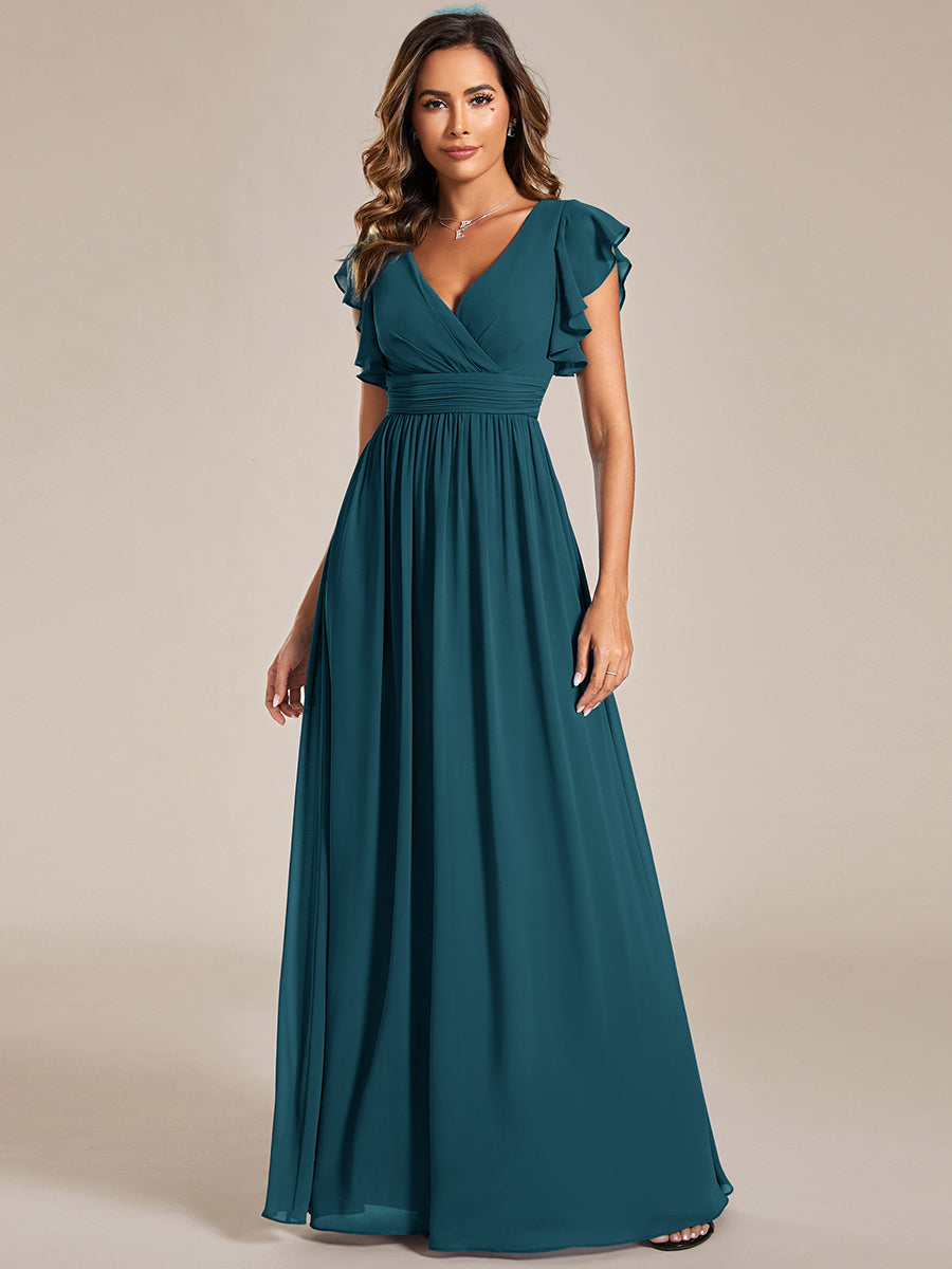 Robe de demoiselle d'honneur en mousseline de soie avec manches à volants et découpes au dos #Couleur_Bleu Sarcelle