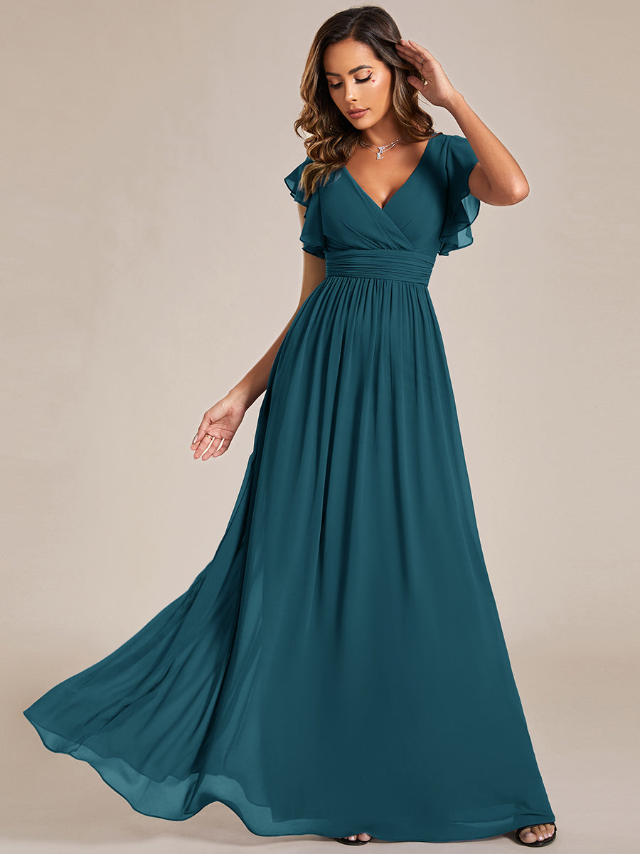 Robe de demoiselle d'honneur en mousseline de soie avec manches à volants et découpes au dos #Couleur_Bleu Sarcelle