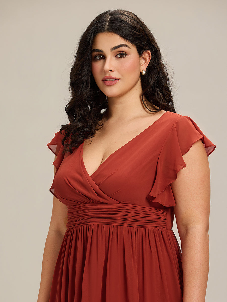 Robe de demoiselle d'honneur en mousseline de soie avec manches à volants et découpes au dos #Couleur_Vermillon