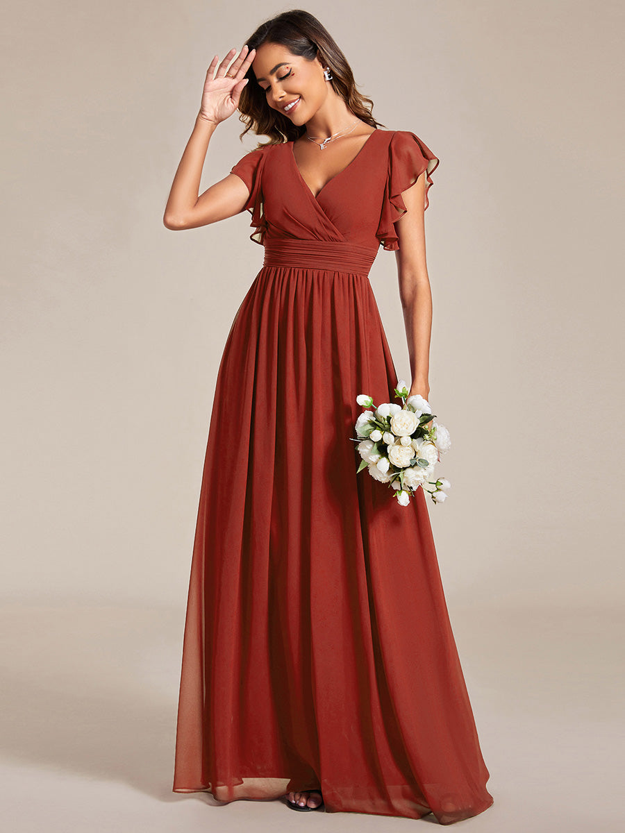 Robe de demoiselle d'honneur en mousseline de soie avec manches à volants et découpes au dos #Couleur_Vermillon