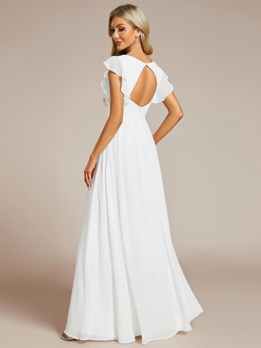 Robe demoiselle d'honneur en mousseline manches plissées avec découpe au dos #Couleur_Blanc