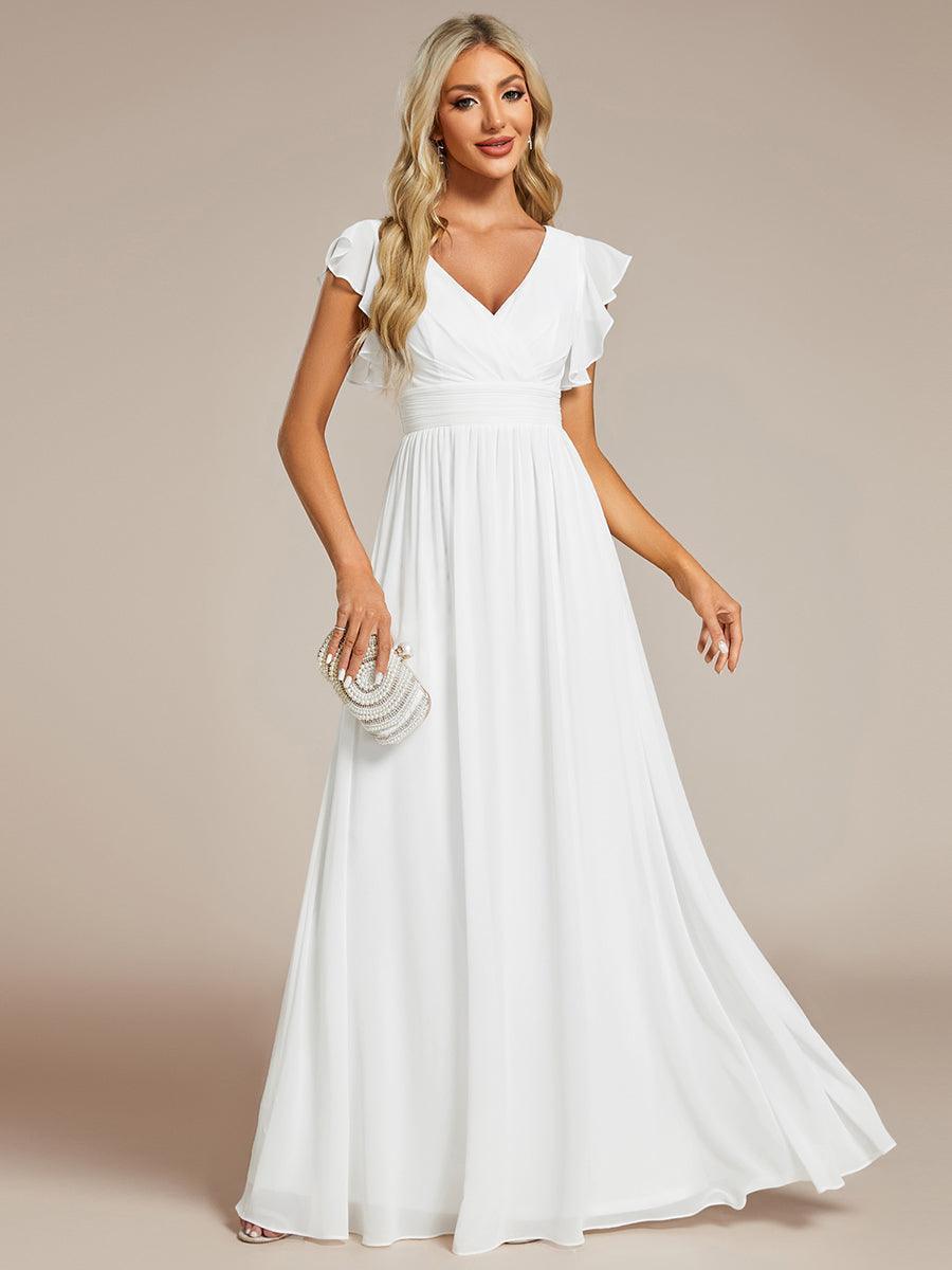 Robe demoiselle d'honneur en mousseline manches plissées avec découpe au dos #Couleur_Blanc