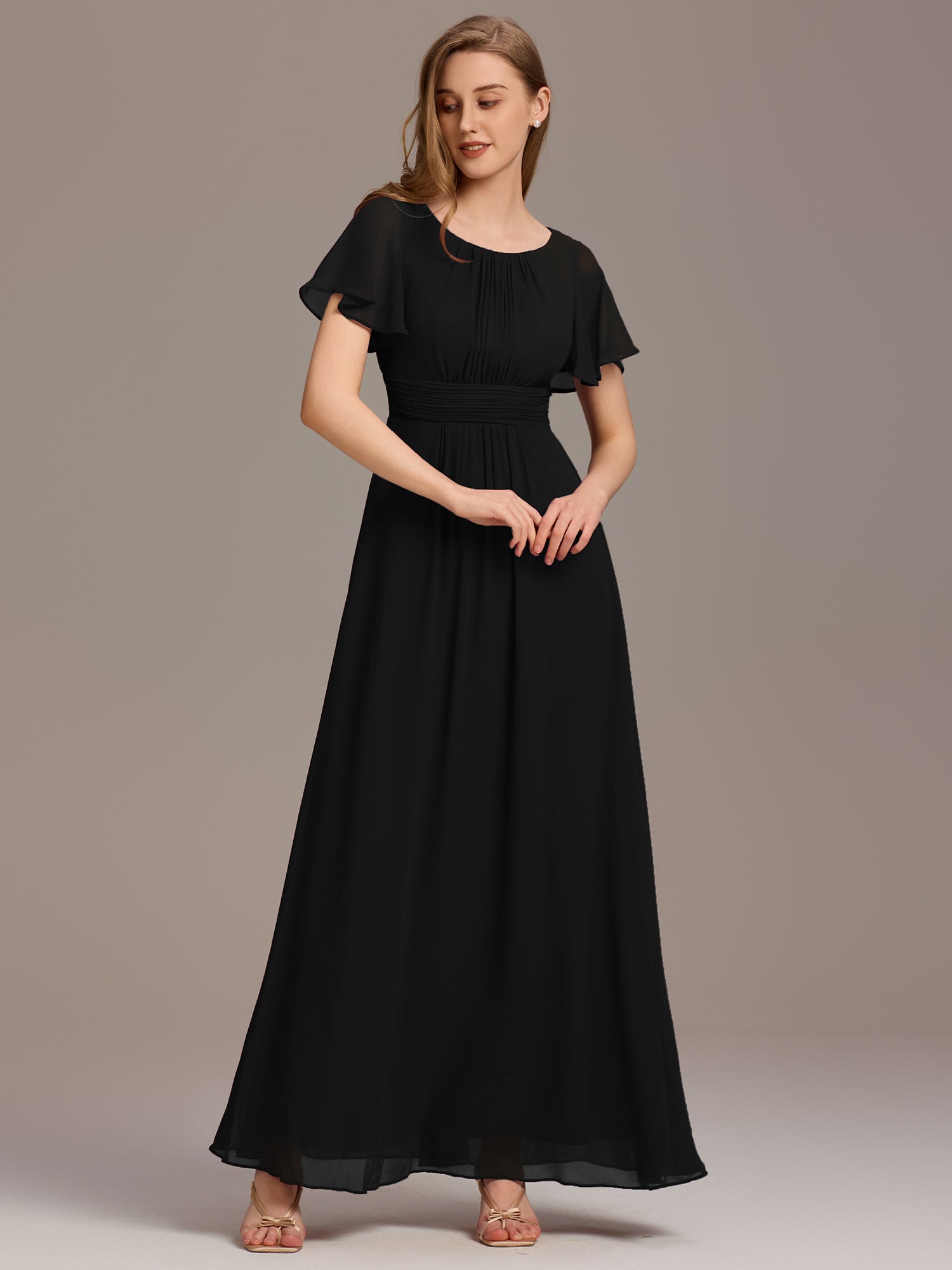 Robe D'invité De Mariage En Mousseline De Soie Mi-Longue Plissée à Manches à Volants Et Col En V  #Couleur_Noir