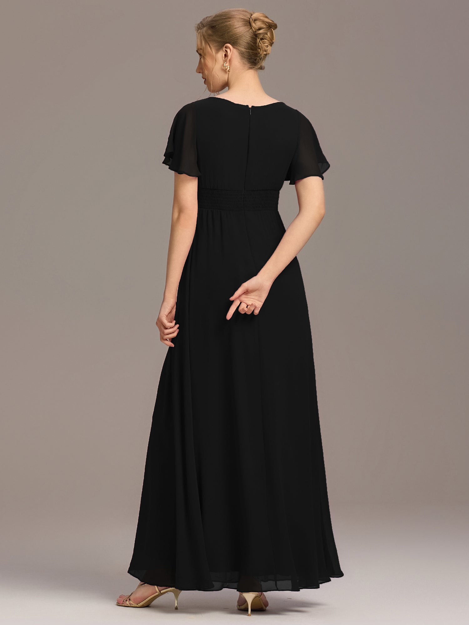 Robe D'invité De Mariage En Mousseline De Soie Mi-Longue Plissée à Manches à Volants Et Col En V  #Couleur_Noir