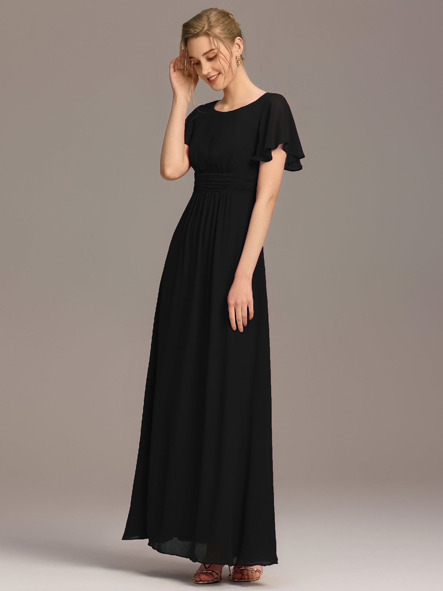Robe D'invité De Mariage En Mousseline De Soie Mi-Longue Plissée à Manches à Volants Et Col En V  #Couleur_Noir