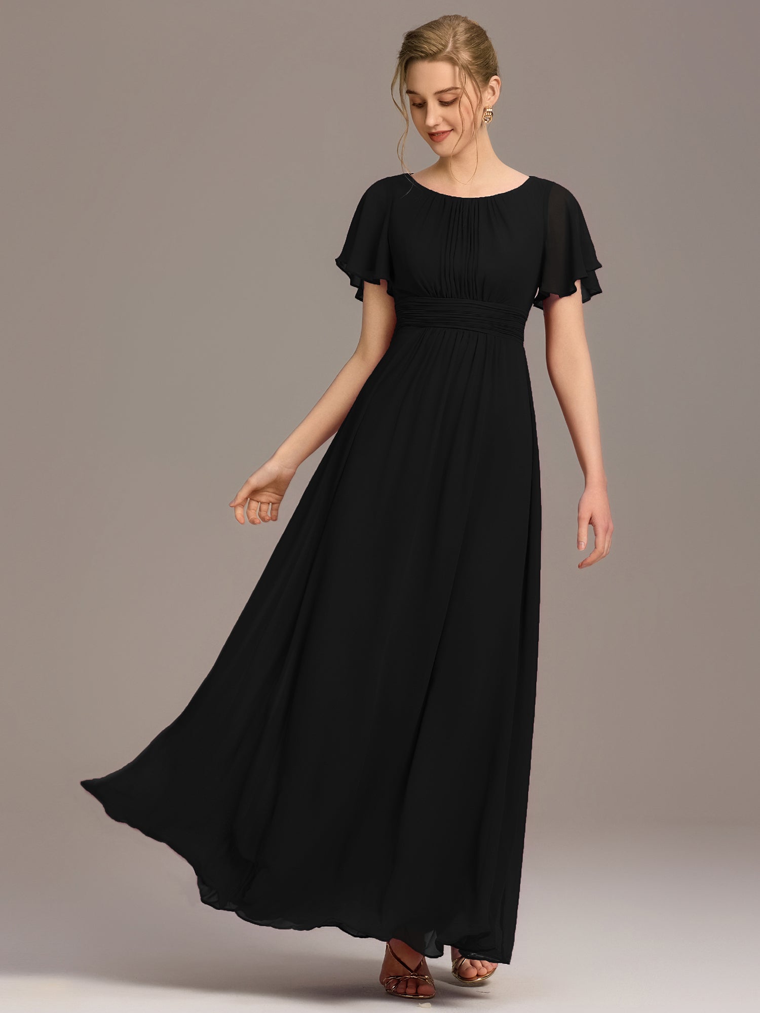 Robe D'invité De Mariage En Mousseline De Soie Mi-Longue Plissée à Manches à Volants Et Col En V  #Couleur_Noir