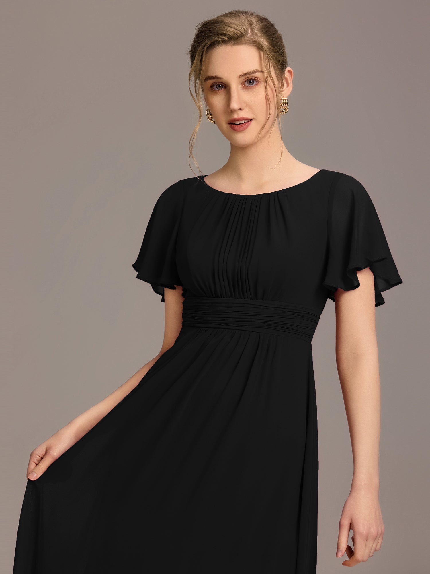 Robe D'invité De Mariage En Mousseline De Soie Mi-Longue Plissée à Manches à Volants Et Col En V  #Couleur_Noir