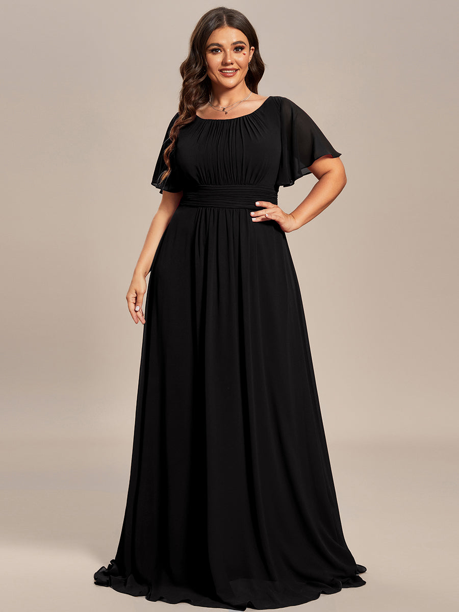 Robe D'invité De Mariage En Mousseline De Soie Mi-Longue Plissée à Manches à Volants Et Col En V  #Couleur_Noir